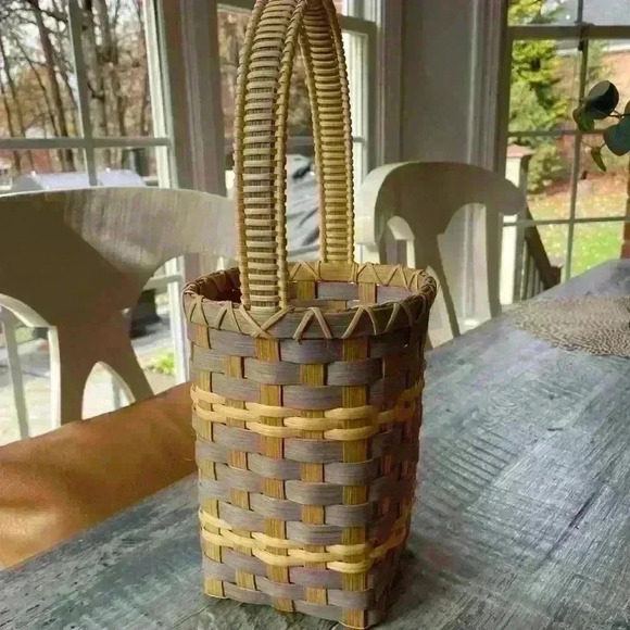 Basket, Handmade, Numbered 9/12, light blue/gray, green, natural tan - Picture 6 of 9